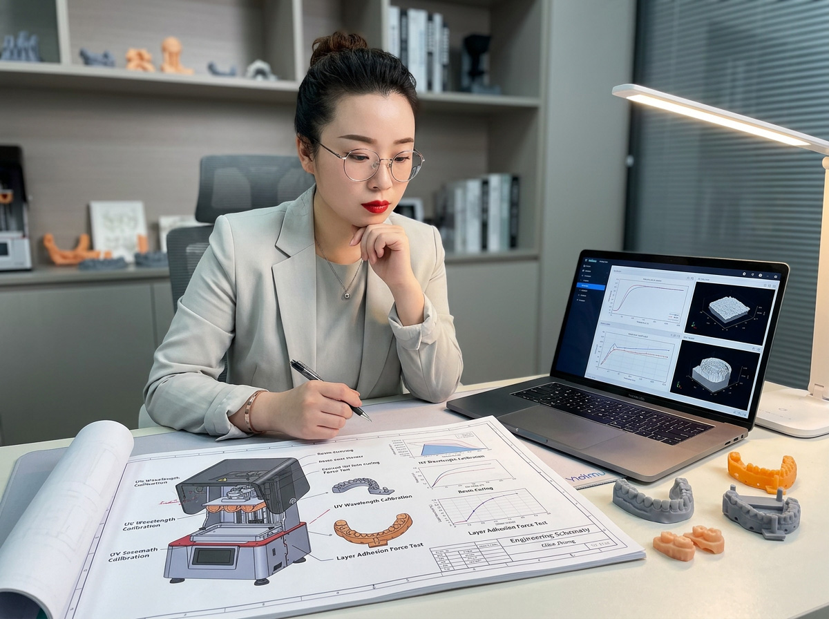 Alice Zhang revisando documentación técnica sobre impresión 3D en resina