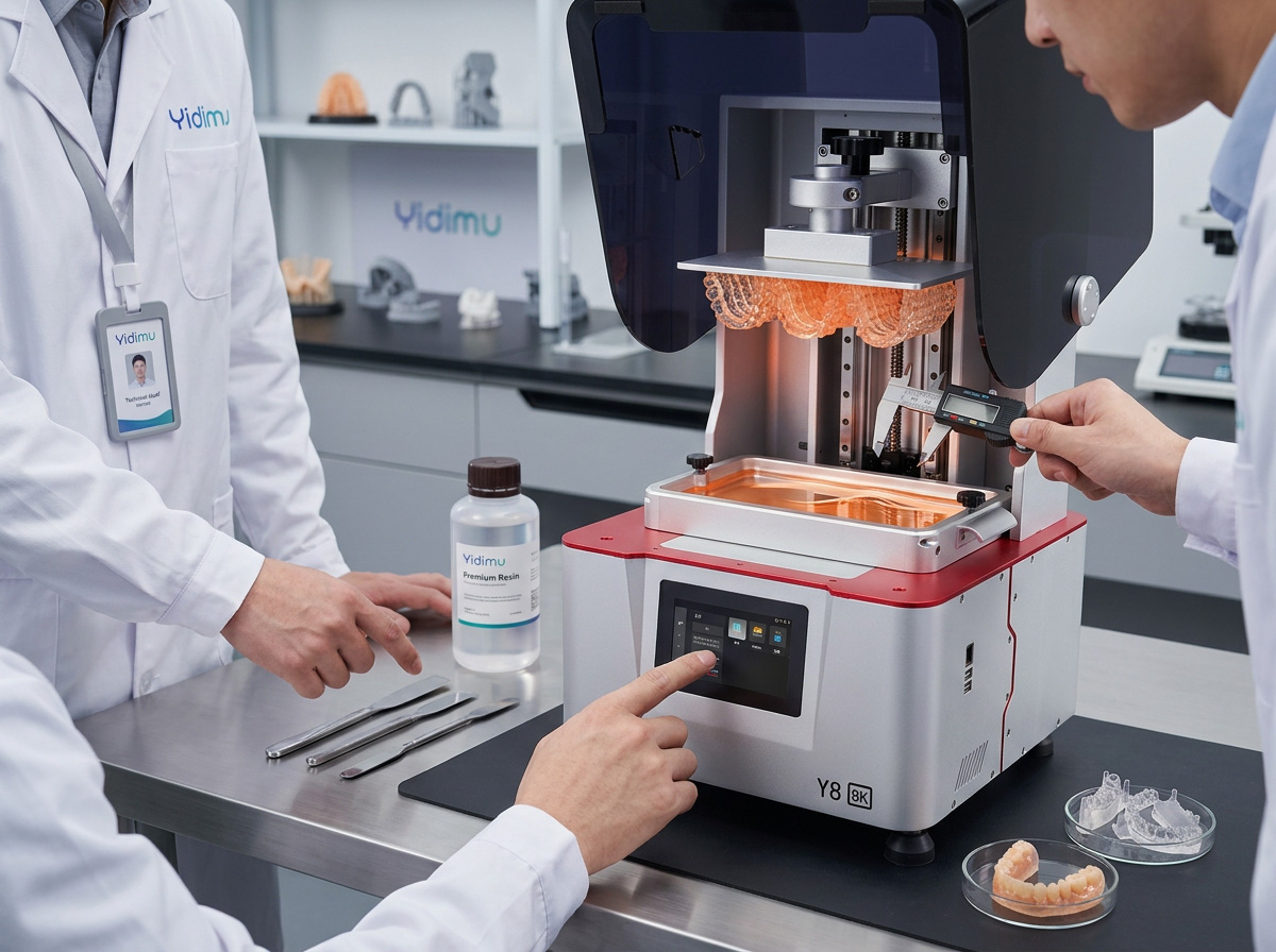Equipo técnico de Yidimu trabajando con una impresora 3D de resina