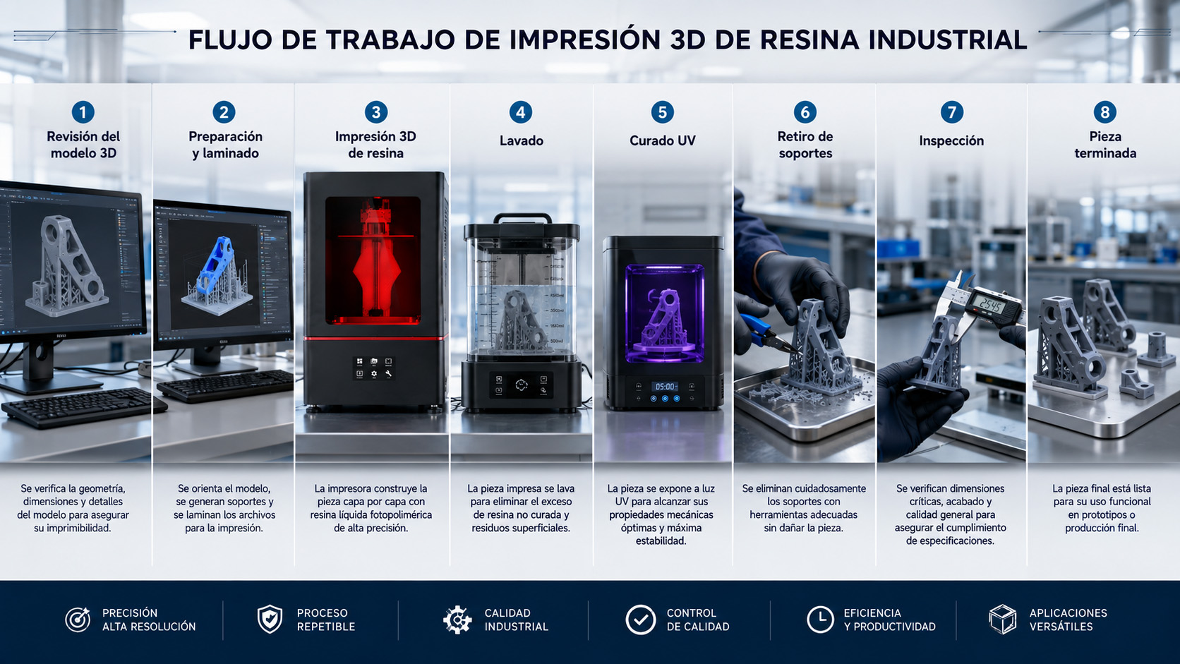 Flujo completo de impresión 3D industrial de resina