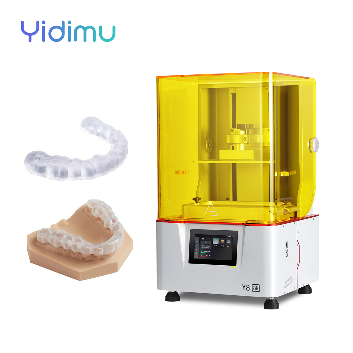 Impresora 3D dental Yidimu junto a modelos dentales impresos en resina