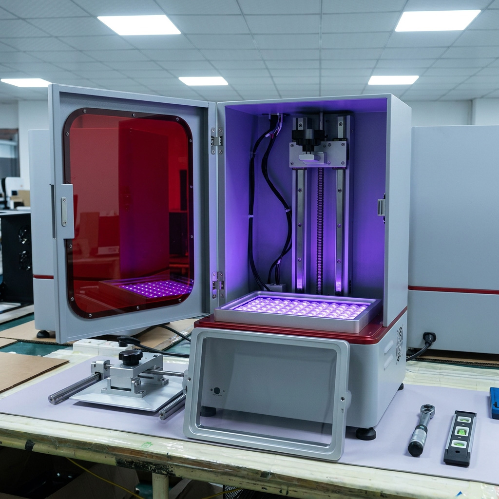 Inspección de la plataforma y prueba del sistema de exposición de una impresora 3D de resina