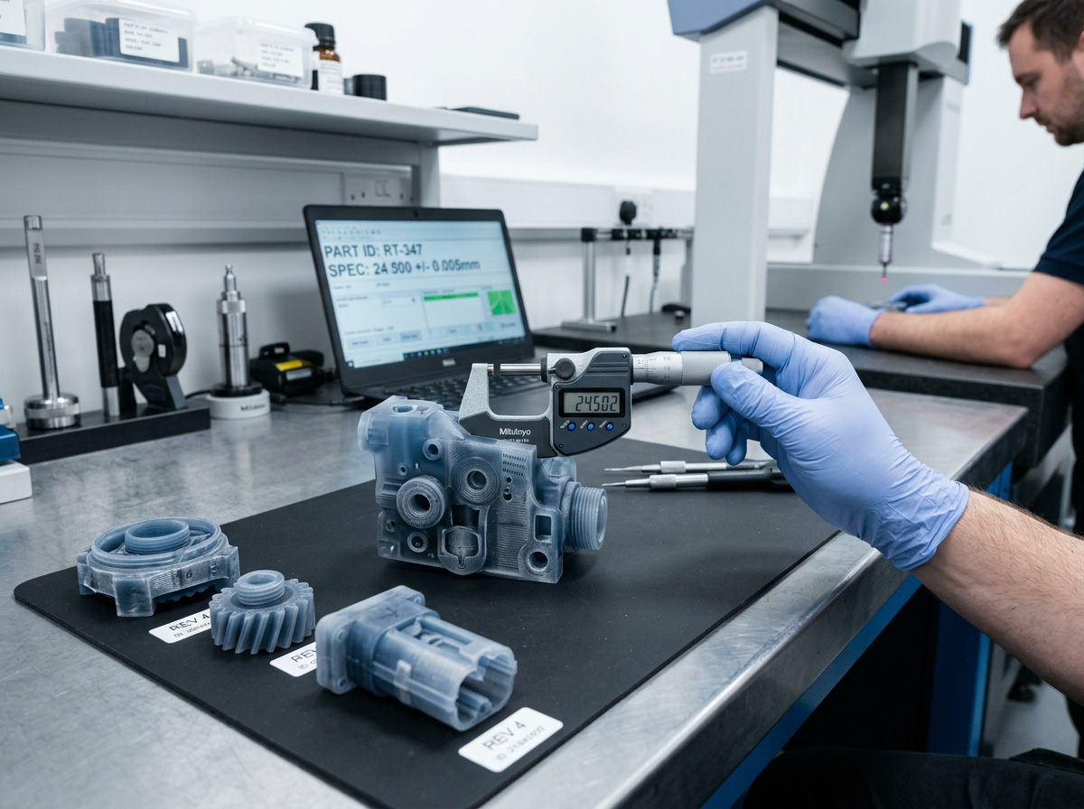 Piezas técnicas de resina inspeccionadas con instrumentos de medición