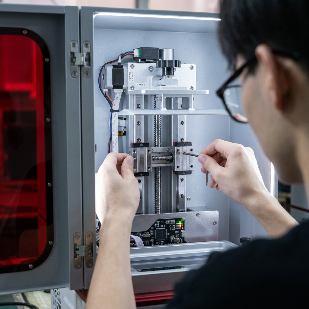 Técnico comprobando el sistema de movimiento y las conexiones internas de una impresora 3D de resina