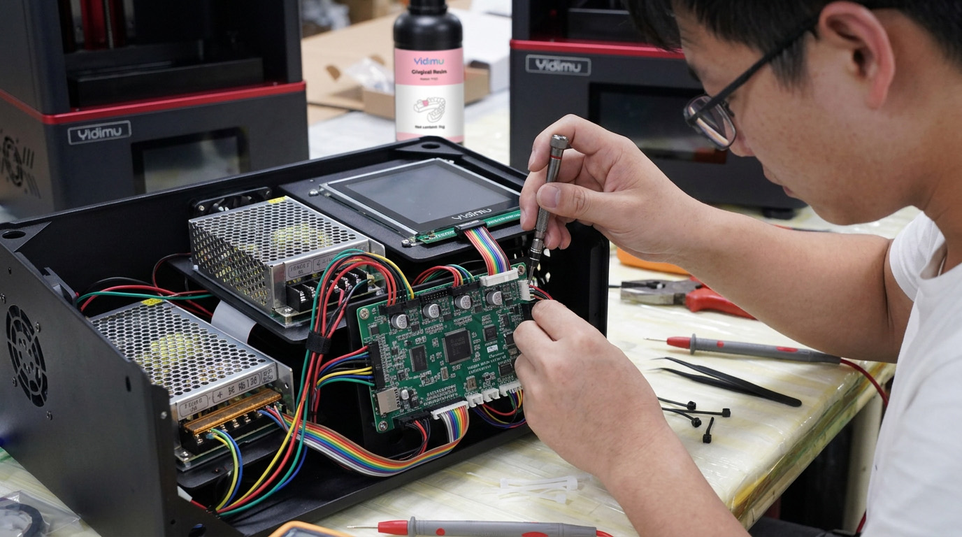 Técnico revisando componentes y conexiones de una impresora 3D de resina Yidimu