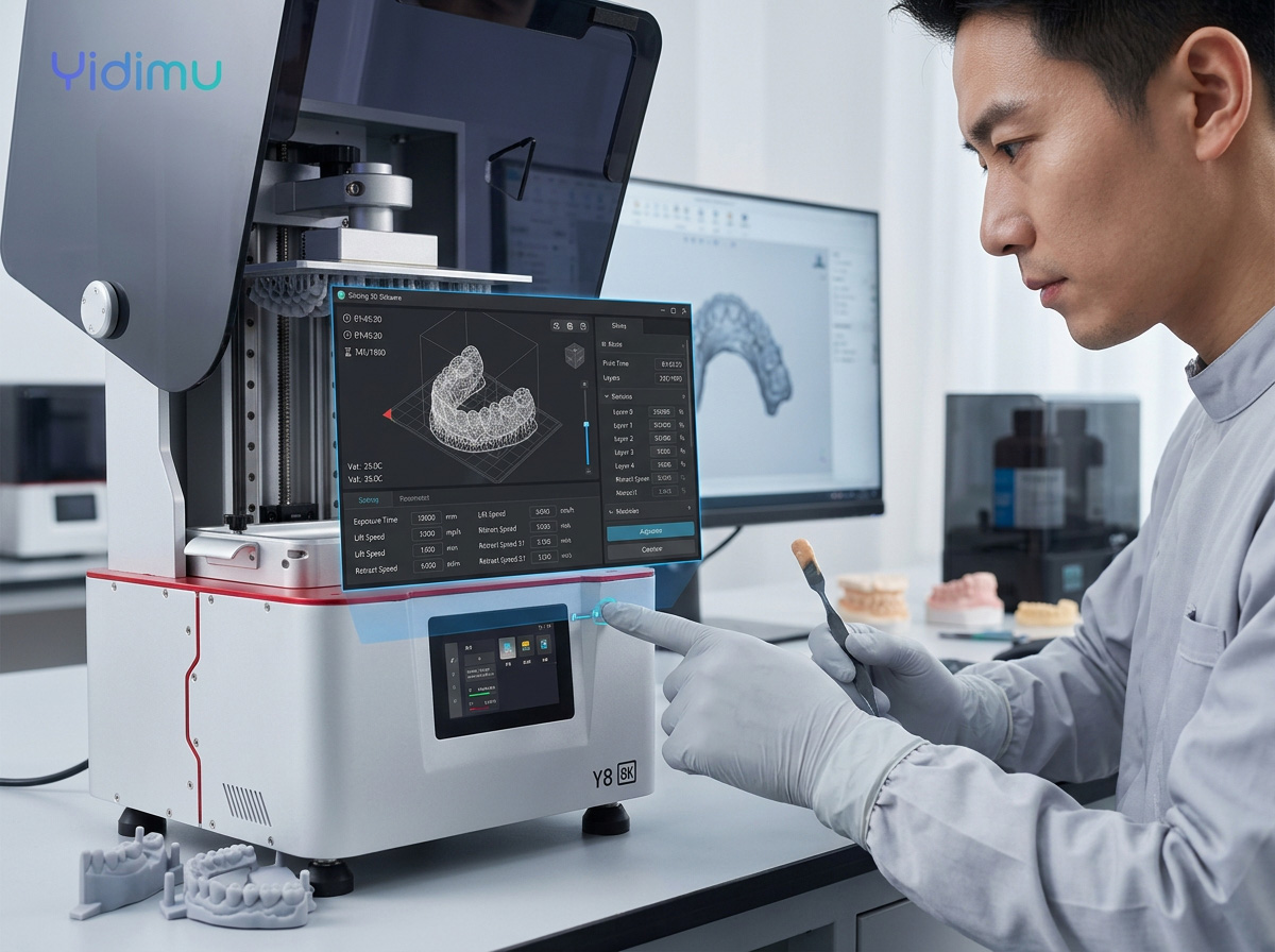 Técnico revisando la configuración de una impresora 3D de resina Yidimu