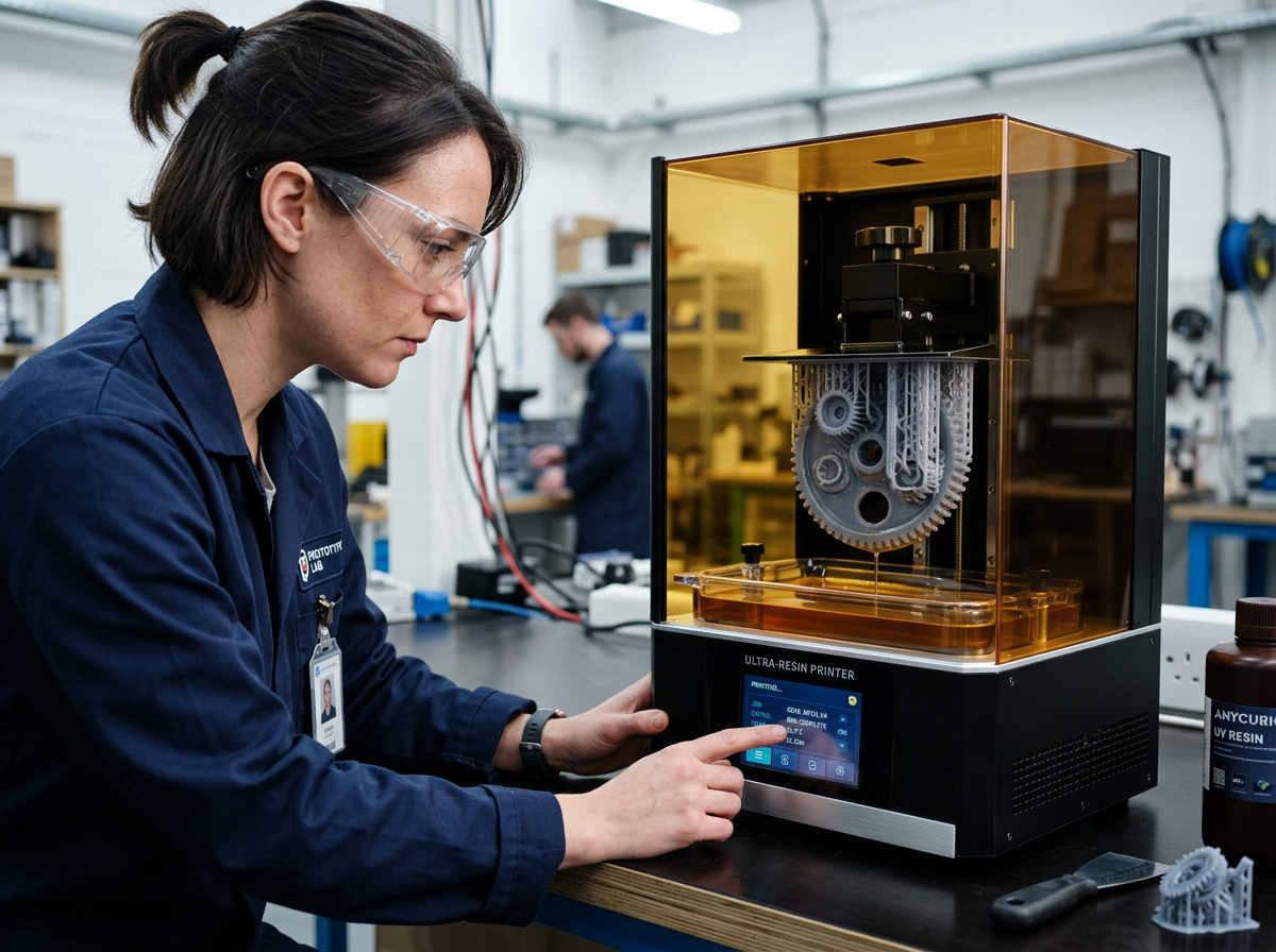 Técnico revisando la configuración de una impresora 3D de resina