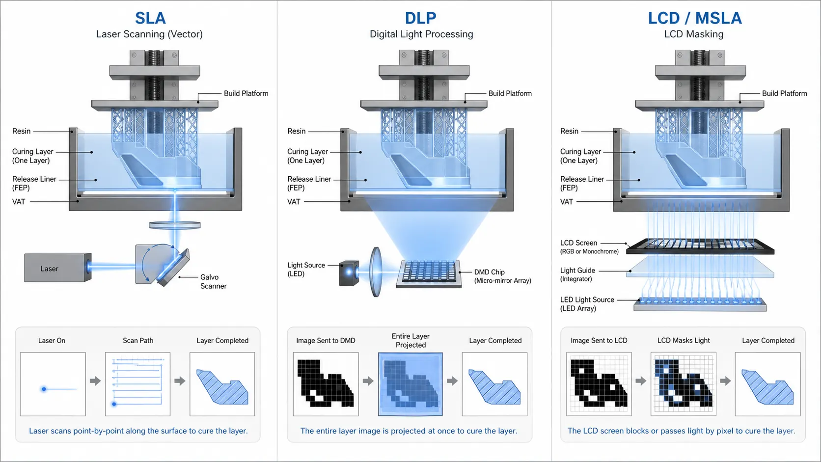 comparación del funcionamiento de las tecnologías sla láser, dlp y lcd msla