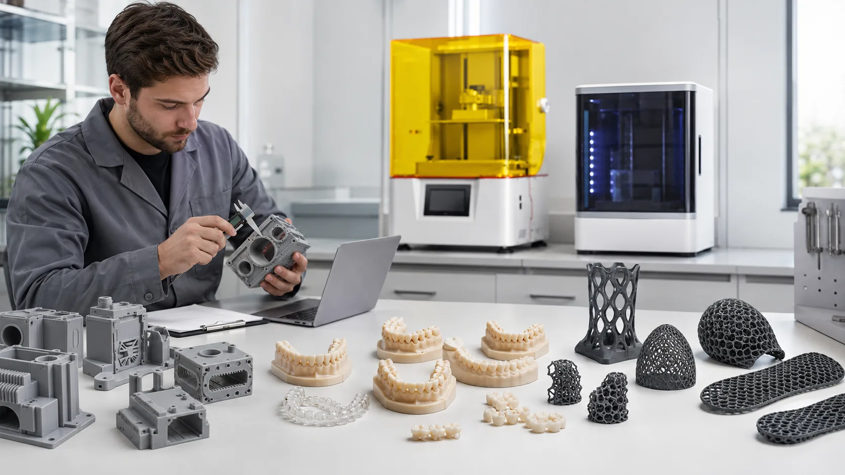 mesa de evaluación con prototipo industrial, modelo dental y estructura flexible, destacando que la selección depende de la pieza y del flujo de trabajo.